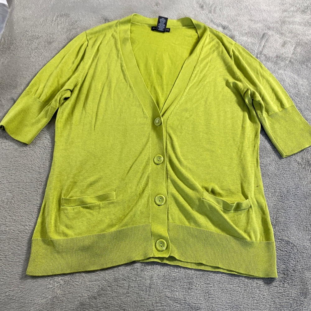 New York & Company Cardigan Women M Lime Green Silk Blend V-Neck Elbow Sleeve